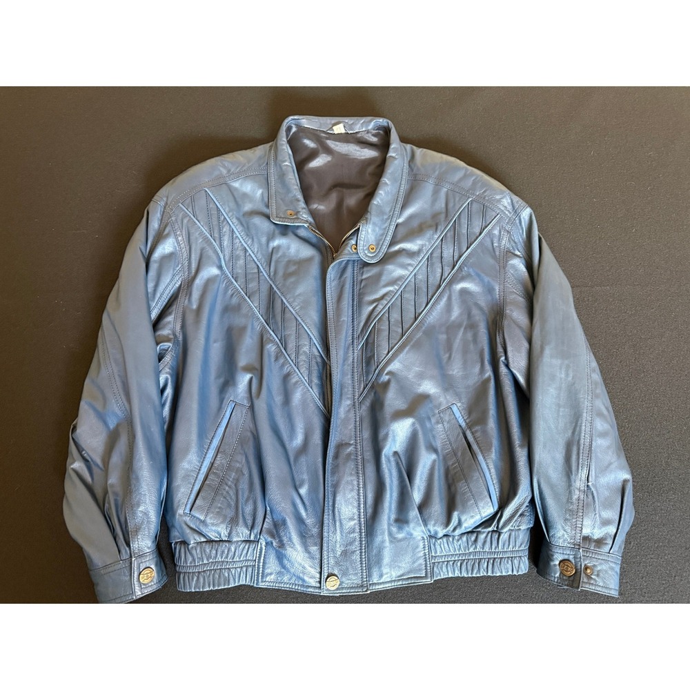 R&P Leather Bomber Jacket Mens L Blue Good Vintage Pleated Metallic Zip Up
